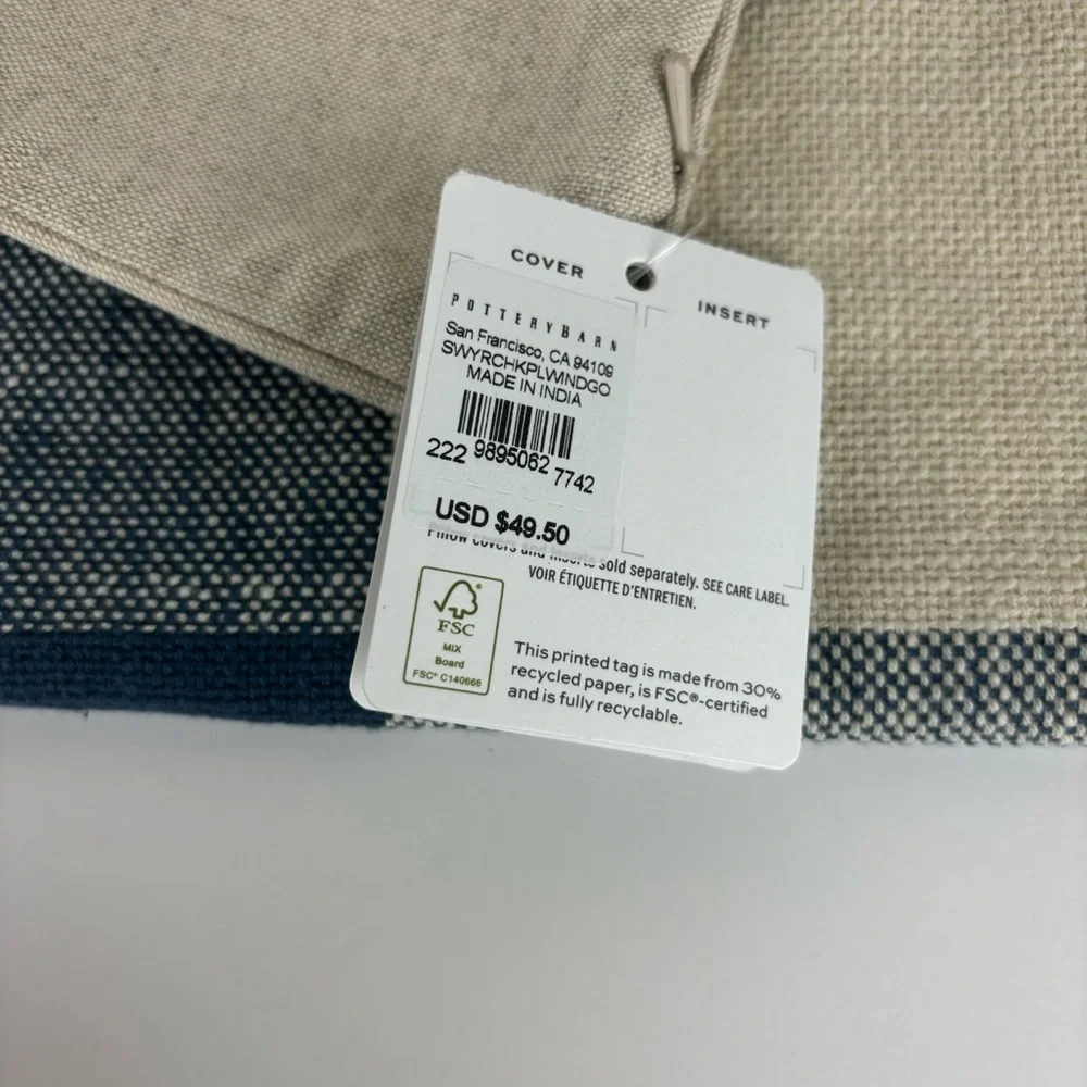 Pottery Barn Sawyer Check in Cream& blue pillow cover-NWT - Picture 6 of 10